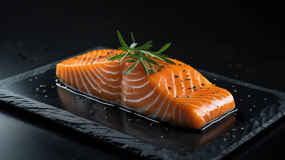 Filé de salmão fresco sobre ardósia escura, fotografia gastronômica
