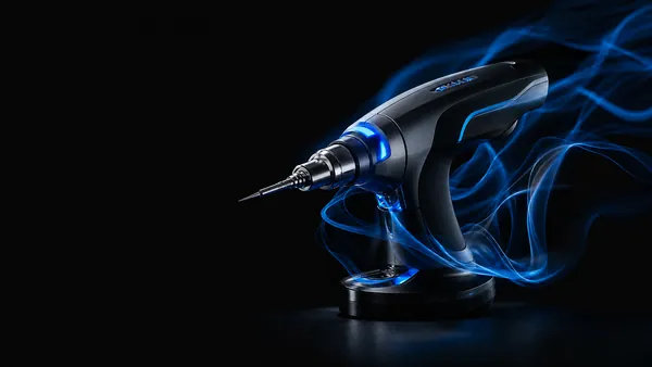 Dispositivo médico emitindo ondas azuis luminosas sobre fundo preto