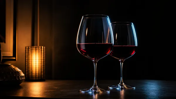 Duas taças de vinho sobre mesa escura com luz quente e íntima