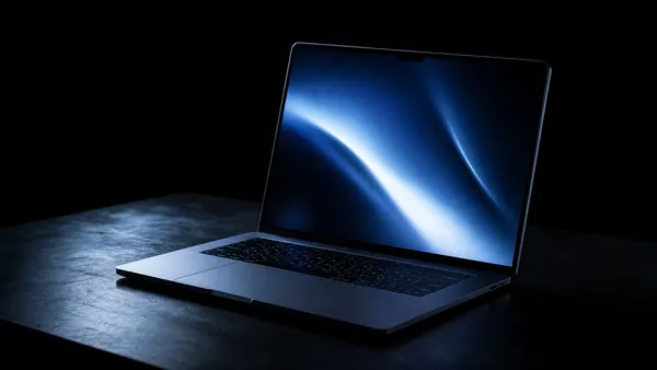 Tela de notebook iluminada em quarto escuro, imagem cinematográfica