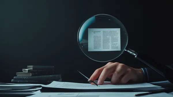Lupa sobre letras miúdas em mesa escura, clima investigativo
