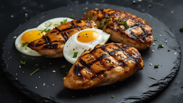 Frango grelhado e ovos sobre ardósia escura, fotografia fitness