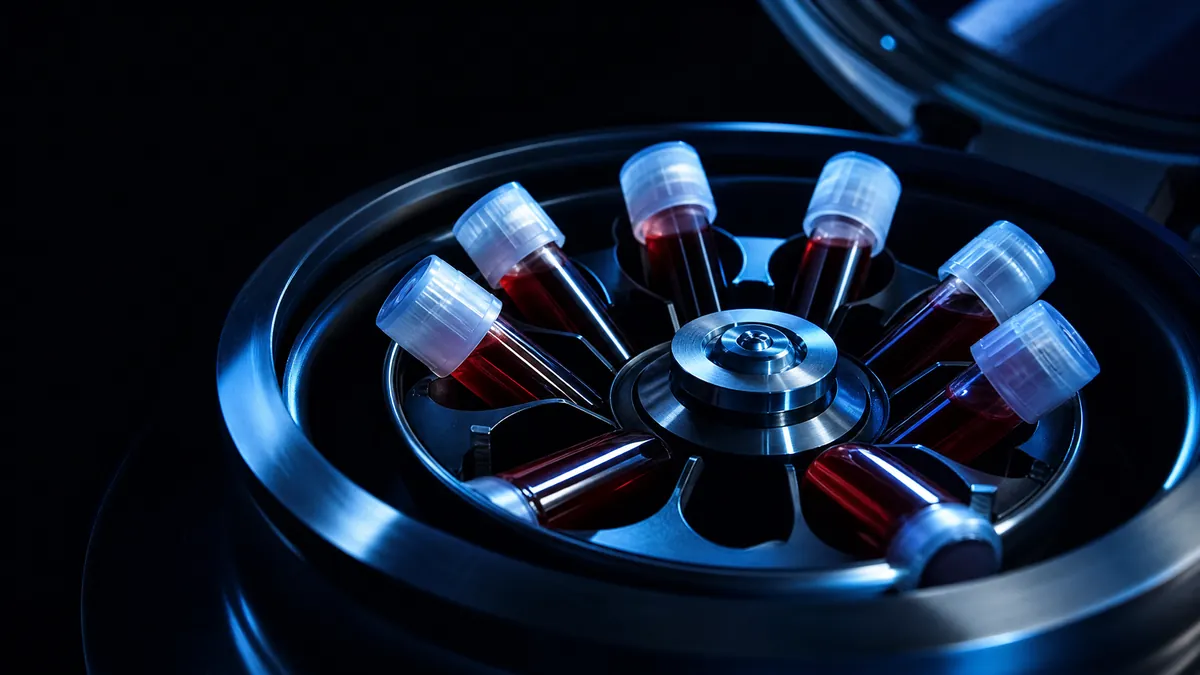 Tubos de sangue em centrífuga em laboratório escuro com luz azul