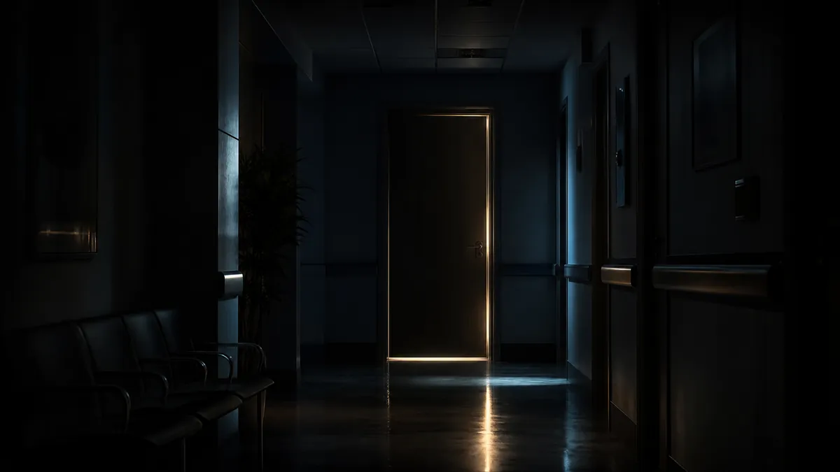 Porta de consultório médico em corredor escuro com luz cinematográfica