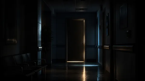 Porta de consultório médico em corredor escuro com luz cinematográfica