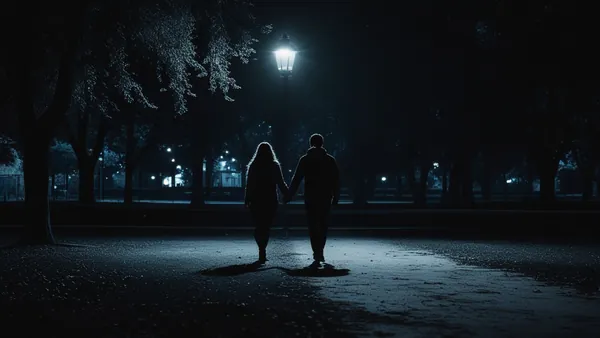 Casal de mãos dadas caminhando em parque ao anoitecer, imagem cinematográfica