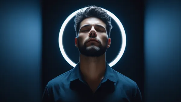 Homem respirando de forma controlada em ambiente escuro com luz azul