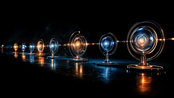 Linha do tempo com marcos luminosos sobre fundo escuro futurista
