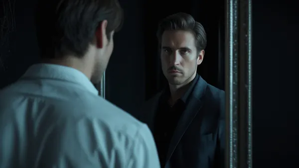 Homem observando o próprio reflexo em espelho escuro, imagem conceitual