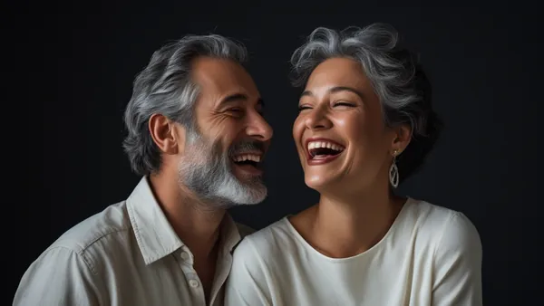 Casal maduro sorrindo junto em ambiente aconchegante e discreto
