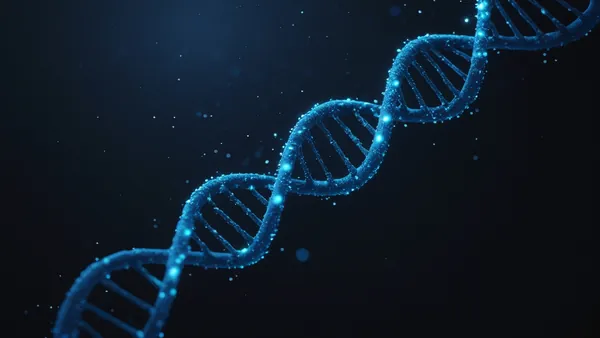 Hélice de DNA luminosa em azul sobre fundo preto