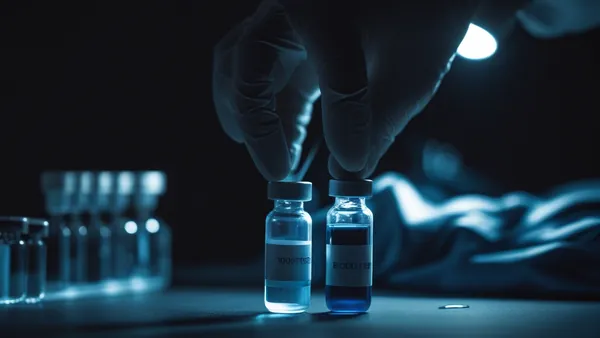 Tubos de exame de sangue em laboratório escuro com luz azul