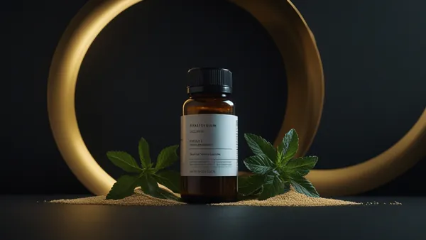 Frasco de suplemento herbal sobre fundo escuro em fotografia de produto