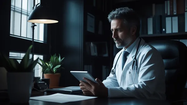 Consultório médico escuro com profissional segurando tablet
