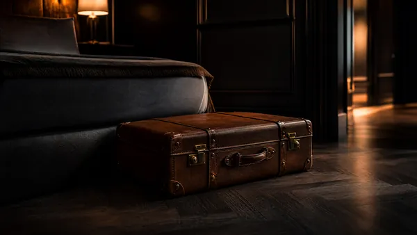 Mala aberta em quarto de hotel escuro, imagem cinematográfica