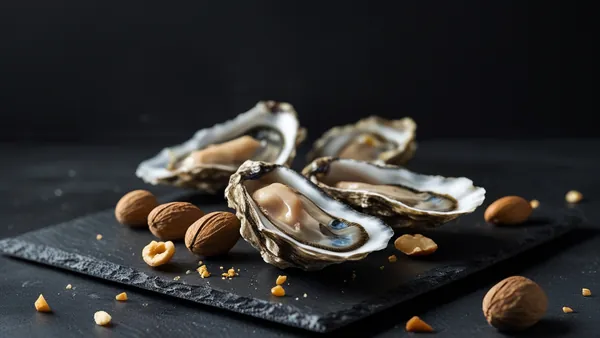 Ostras e castanhas sobre ardósia escura em fotografia gastronômica